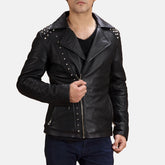 Black Leather Biker Jacket With Stud Details