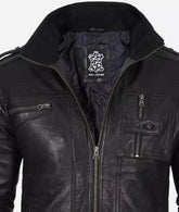 Men's Washed Black Leather Jacket in Biker Style