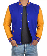 Men's Royal Blue Baseball Varsity Jacket with Yellow Sleeves - Bomber Style