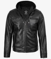 Men's Black Leather Jacket with Detachable Hood