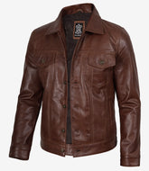 Men's Cognac Trucker-Style Leather Jacket