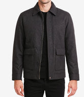 Men's Charcoal Grey Wool Zip-Up Jacket with Classic Shirt Collar - Premium Winter Outerwear