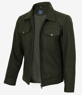 Men's Olive Green Wool Utility Jacket with Zip Closure