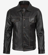 Men's Distressed Brown Leather Trucker Jacket