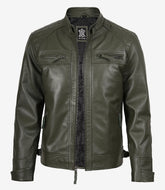 Men's Olive Green Biker Leather Jacket with Quilted Shoulders