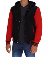 Salerno Men's Hooded Varsity Jacket in Black and Red Colors