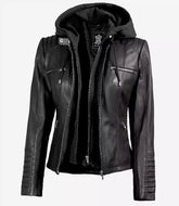 Women's Black Leather Jacket Designed with a Detachable Hood