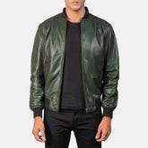 Shane Leather Bomber Jacket In Green