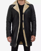 Mens Classic Black Leather Coat with Shearling Lining and Fur Trim