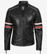 Men's Black Lambskin Biker Jacket with Red & White Stripes