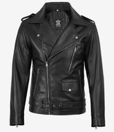 Men's Black Real Leather Biker Jacket with Asymmetrical Zip