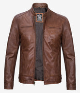 Men's Tall Cognac Leather Biker Jacket
