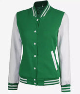 Women's Green & White Baseball-Style Letterman Bomber Jacket