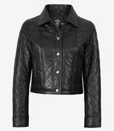 Women's Black Quilted Cropped Real Leather Jacket