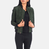 Elara Classic Women Green Suede Bomber Jacket