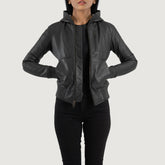 Luna Hooded Leather Bomber Jacket In Black