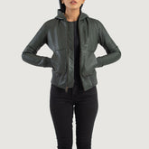 Luna Hooded Leather Bomber Jacket In Green