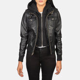 Roslyn Hooded Leather Bomber Jacket In Black
