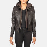 Roslyn Hooded Leather Bomber Jacket In Brown