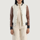 Savant Hybrid Varsity Jacket In White & Brown