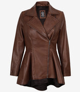 Women's Cognac Real Leather Peplum Jacket