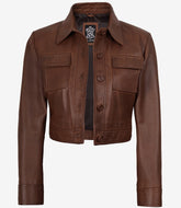 Women's Cognac Cropped Trucker Jacket Real Leather