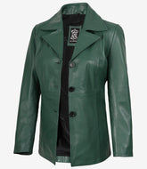 Women's Green Leather Blazer with Three Buttons