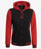 Women's Black and Red Hooded Varsity Jacket with Baseball Design