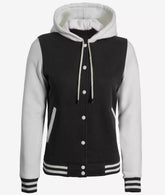 Women's Black and White Hooded Varsity Jacket with Letterman Design