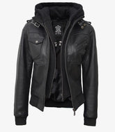 Women's Tall Black Real Leather Bomber Jacket with Removable Hood
