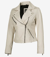 Women's Off White Lambskin Leather Jacket Biker Style