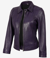 Women's Purple Leather Jacket Designed with a Shirt-Style Collar