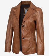 Women's Tan Leather Blazer with Two Buttons and Notch Lapel