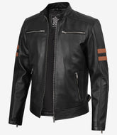 Men's Black Biker Leather Jacket with Tan Arm Stripes