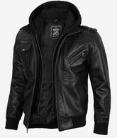 Men's Black Leather Bomber with a Fully Removable Hood