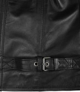 Men's Black Real Leather Biker Jacket with Ribbed Padded Shoulders