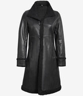 Women's Black Leather Shearling Coat – 3/4 Length Classic Fit