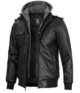 Black Element Bomber - Leather Jacket with Zip-Off Hood
