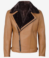 Men's Asymmetrical Tan Leather Biker Jacket – Faux Shearling Lined