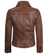 Women's Cognac Leather Harrington Jacket with a Shirt-Style Collar