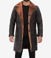 Mens Classic Brown Leather Coat with Shearling Lining and Fur Trim