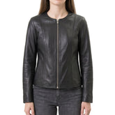 Women's Black Collarless Leather Jacket