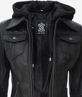 Women's Black Leather Bomber Jacket Featuring a Removable Hood