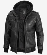 Edinburgh Leather Bomber Jacket for Men with Detachable Hood