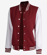 Women's Maroon Varsity Jacket with White Sleeves Baseball Style