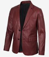 Men's Maroon Leather Blazer with Notch Lapel and Two Buttons