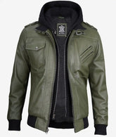 Men's Leather Bomber Jacket in Olive Green with Detachable Hood