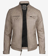 Men's Genuine Leather Biker Jacket in Warm Beige