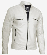Men's Off White Leather Jacket in Biker Style