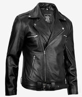 Negan Men's Black Asymmetrical Belted Leather Biker Jacket